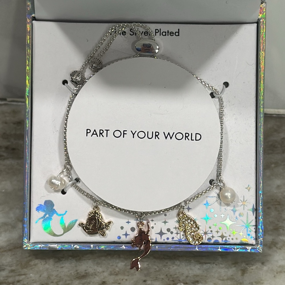 Disney Little Mermaid Charm Bracelet - ARIEL Adjustable Silver Plated FLOUNDER
